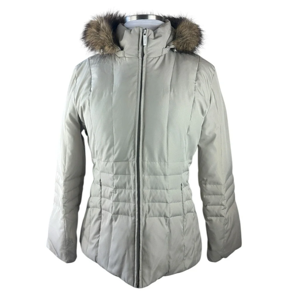 Calvin Klein Down Puffer Coat Faux Fur Hood Beige Full Zip Women's Size XL - Picture 15 of 15